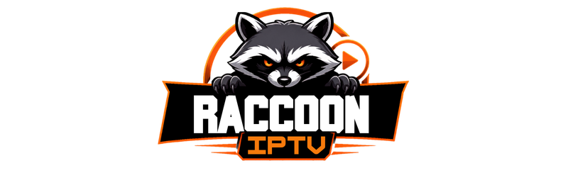 Raccoon IPTV logo featuring a fierce raccoon mascot with glowing orange eyes above bold metallic silver RACCOON text and an orange IPTV badge on a black background, designed in a modern esports style.
