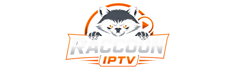 Raccoon IPTV logo featuring a fierce raccoon mascot with glowing orange eyes above bold metallic silver RACCOON text and an orange IPTV badge on a black background, designed in a modern esports style.