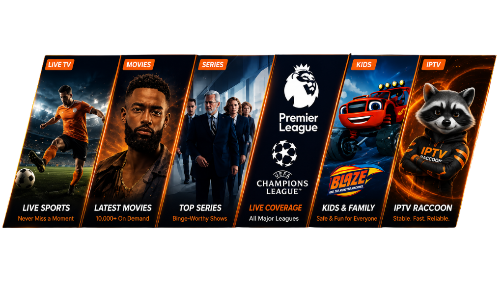 Raccoon IPTV promotional banner featuring live sports, movies, TV series, family content, and IPTV Canada streaming services in a black and orange design.
