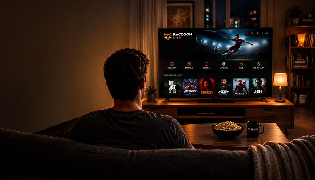 Raccoon IPTV streaming on a Smart TV in a modern living room with HD, Full HD, and 4K entertainment for IPTV Canada users.