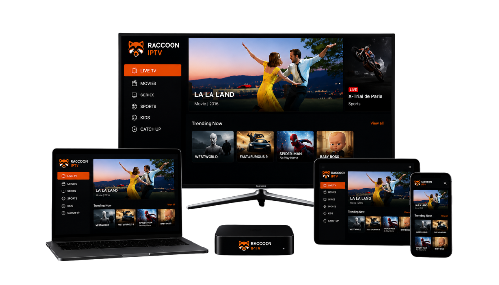 Raccoon IPTV interface displayed across multiple devices including a smart TV, laptop, tablet, smartphone, and IPTV box, showcasing live TV, movies, sports, and series with a modern black and orange design.