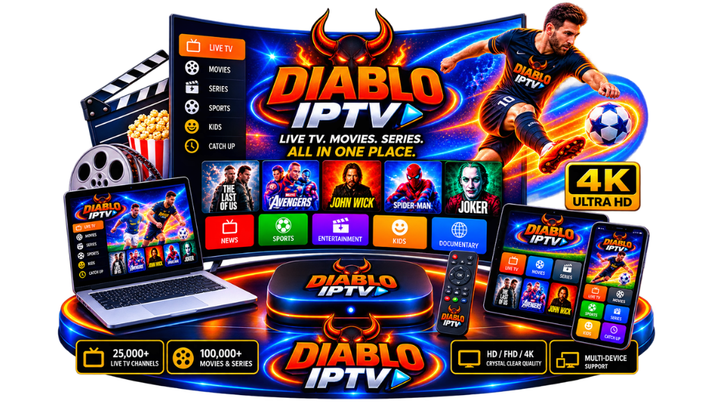 Diablo IPTV multi-device streaming setup with 4K Ultra HD, live TV, movies, series, sports, and entertainment