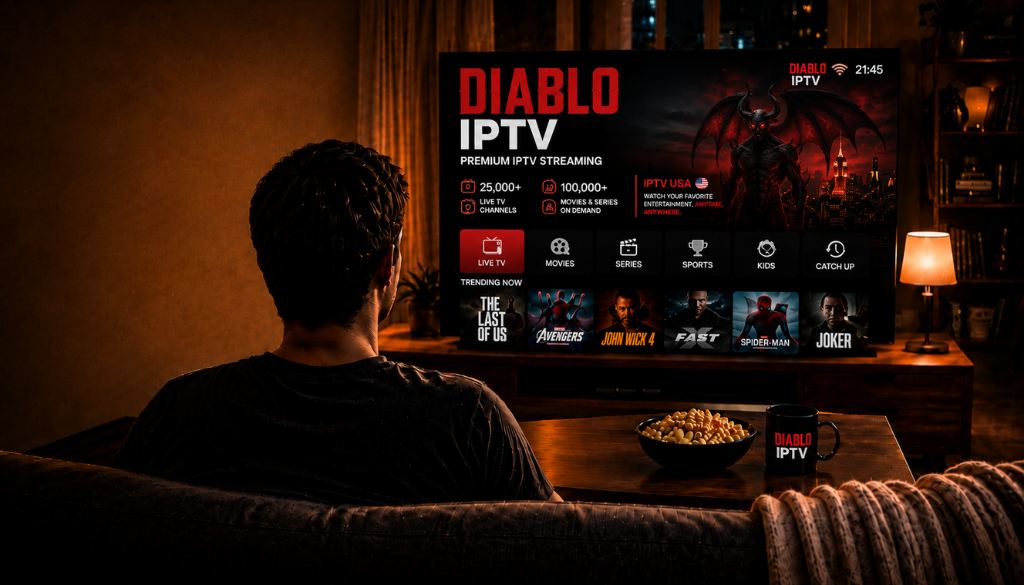 Diablo IPTV premium streaming setup with live TV, movies, series, sports, and entertainment on a large screen