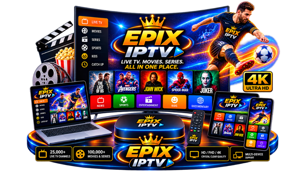 EPIX IPTV 4K streaming setup with TV, laptop, tablet, smartphone, and sports content