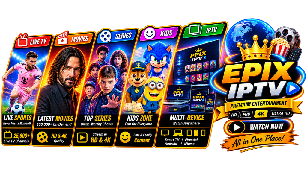 EPIX IPTV premium entertainment graphic featuring live sports, movies, series, kids content, and multi-device streaming