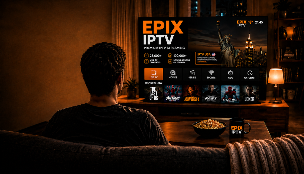 EPIX IPTV premium streaming setup with TV interface and home entertainment