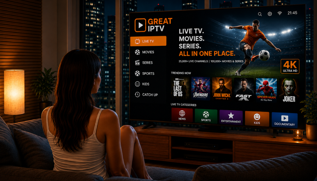 Woman watching Great IPTV on a large 4K smart TV in a modern living room, displaying live TV, movies, sports, series, and premium streaming with Ultra HD quality and an intuitive IPTV interface.