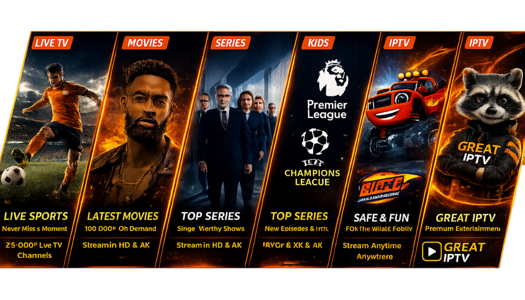 Great IPTV promotional banner showcasing live sports, blockbuster movies, TV series, kids entertainment, Premier League football, and premium IPTV streaming with 25,000+ live channels and HD/4K content.