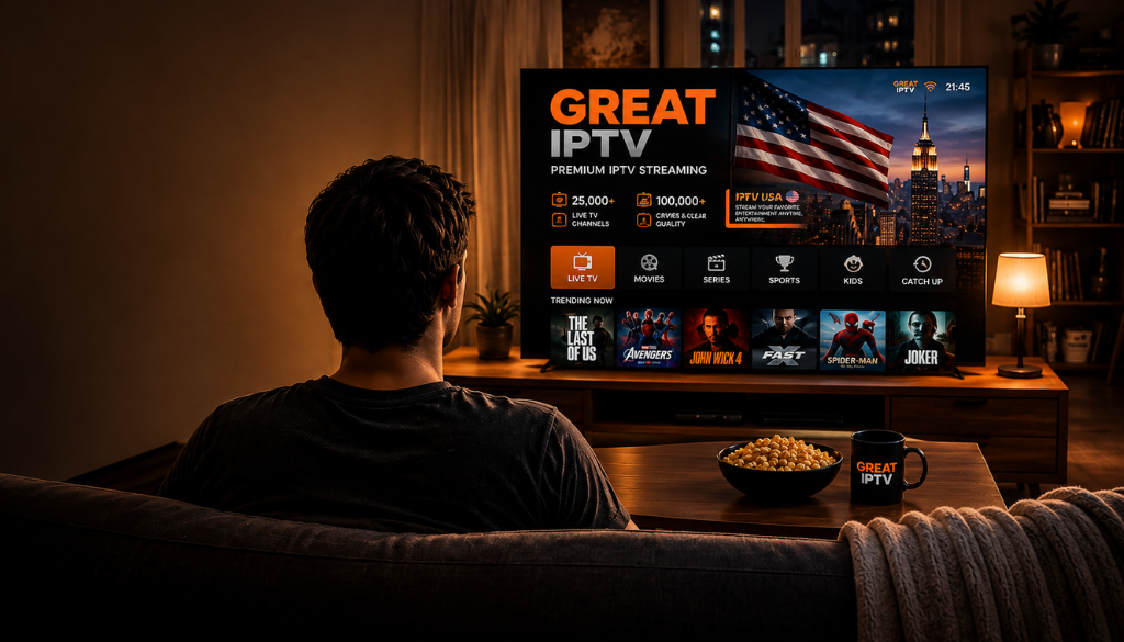Person relaxing on a sofa watching the Great IPTV interface on a large smart TV in a cozy living room, featuring live TV, movies, sports, series, and premium USA IPTV entertainment.
