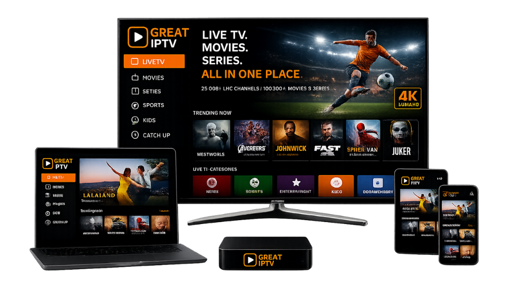 Great IPTV interface displayed across a smart TV, laptop, streaming box, tablet, and smartphone, showcasing live TV, movies, sports, and 4K streaming for seamless entertainment on every device.