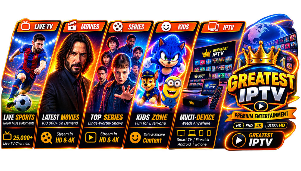 Greatest IPTV premium entertainment featuring live sports, movies, series, kids content, and multi-device streaming
