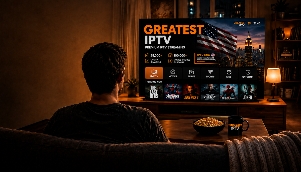 Greatest IPTV streaming setup with premium live TV, movies, series, and sports on a large screen