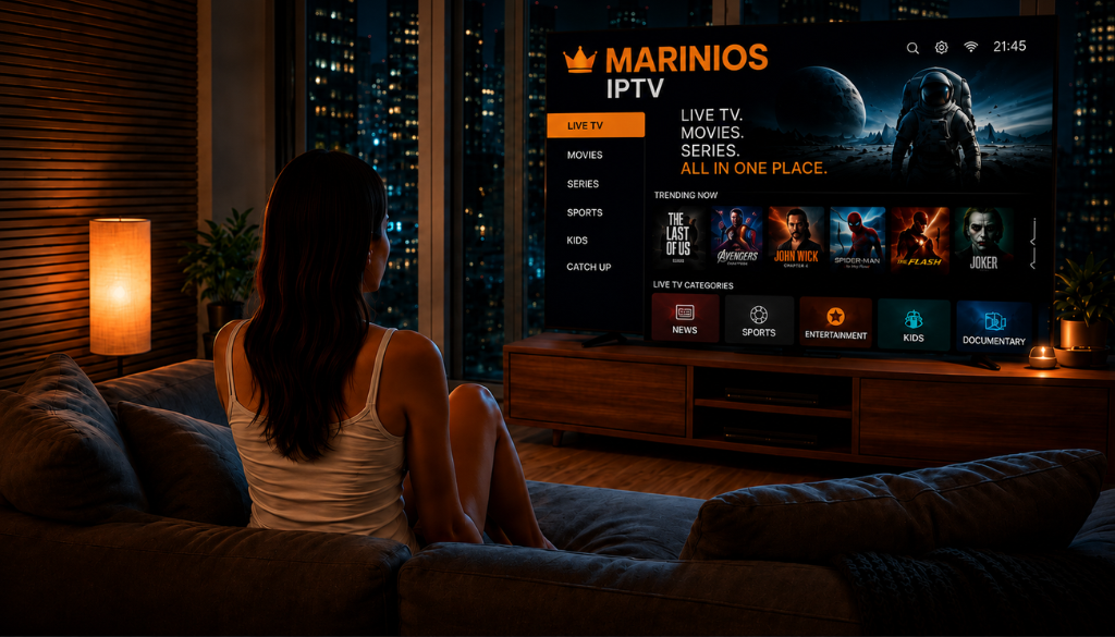 Marinios IPTV streaming interface on TV in a modern living room