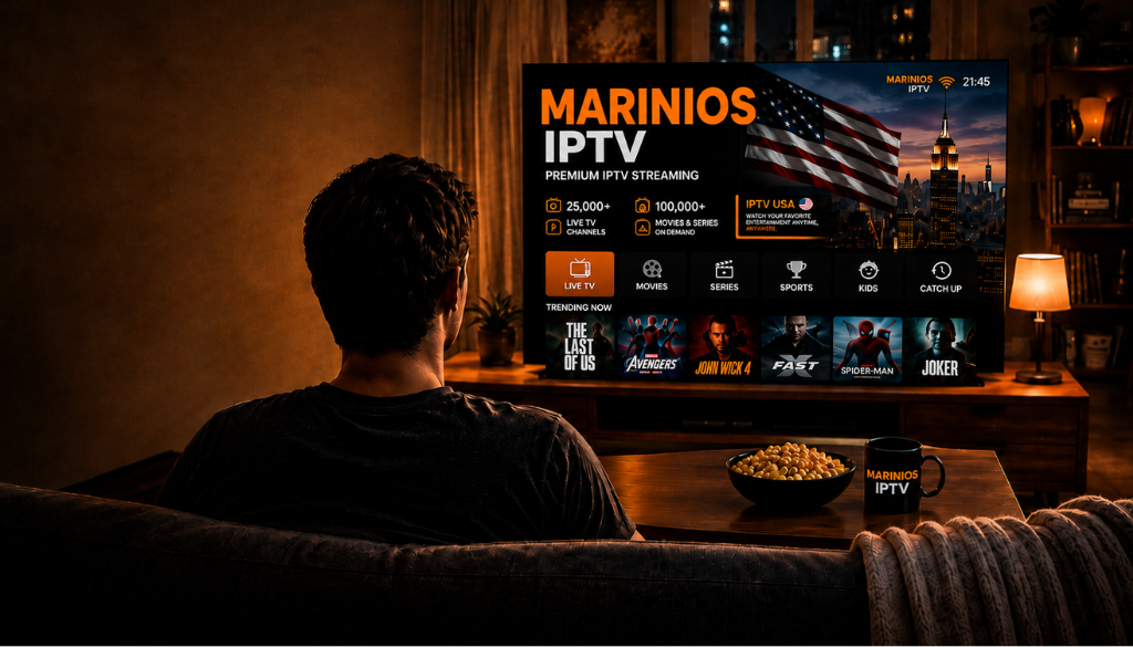 Marinios IPTV streaming on TV with premium entertainment interface