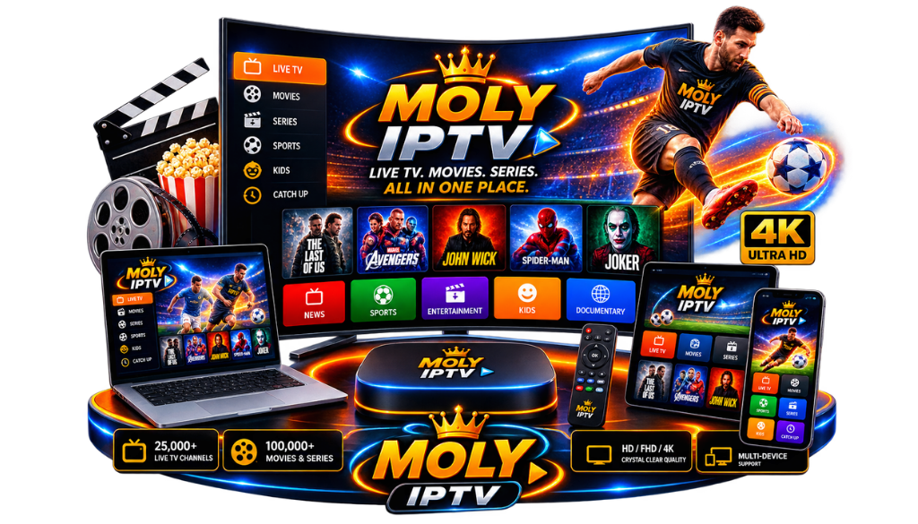 Moly IPTV multi-device streaming setup with live TV, movies, sports, and 4K entertainment