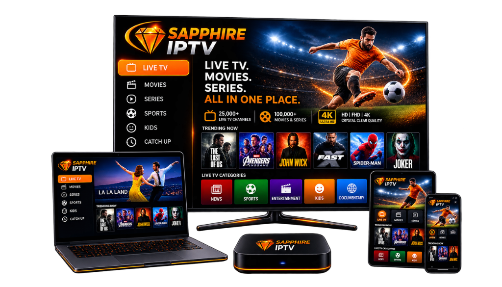 Sapphire IPTV streaming service displayed across a TV, laptop, tablet, and smartphone