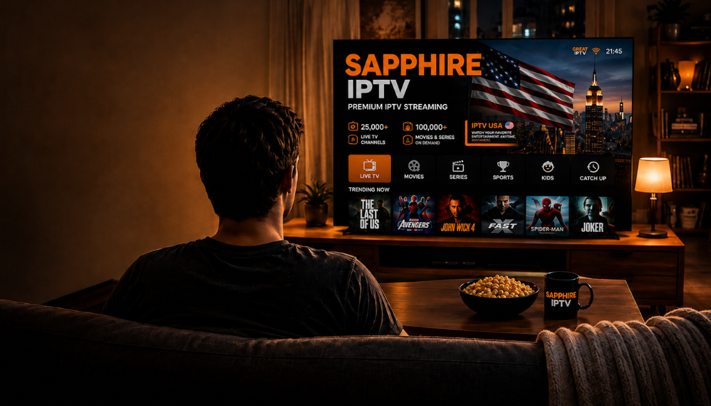 Sapphire IPTV premium streaming service displayed on a TV in a cozy living room