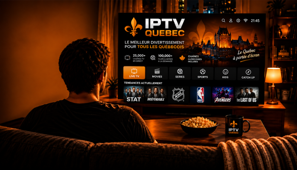 iptv quebec streaming on tv in a cozy living room