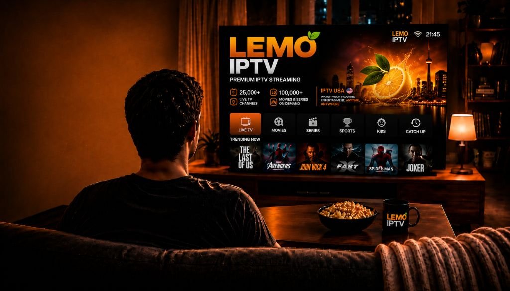 lemo iptv streaming on tv with cozy home entertainment setup